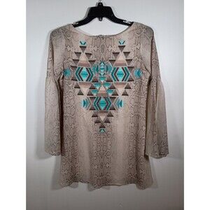 Judith March Long Bell Sleeve Embroidered Boho Snake Print Tunic Top Size Small